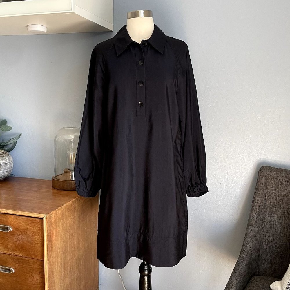 Tibi Navy Viscose Plainweave Balloon Sleeve Shift Dress A-Line Pockets